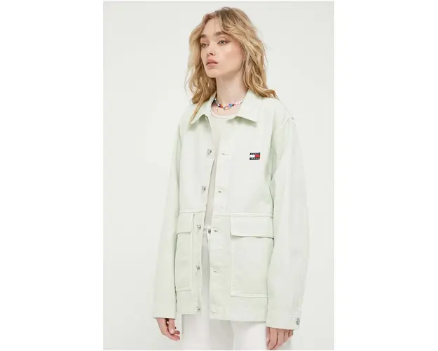 Tommy Jeans geaca jeans femei, culoarea verde, de tranzitie, oversize