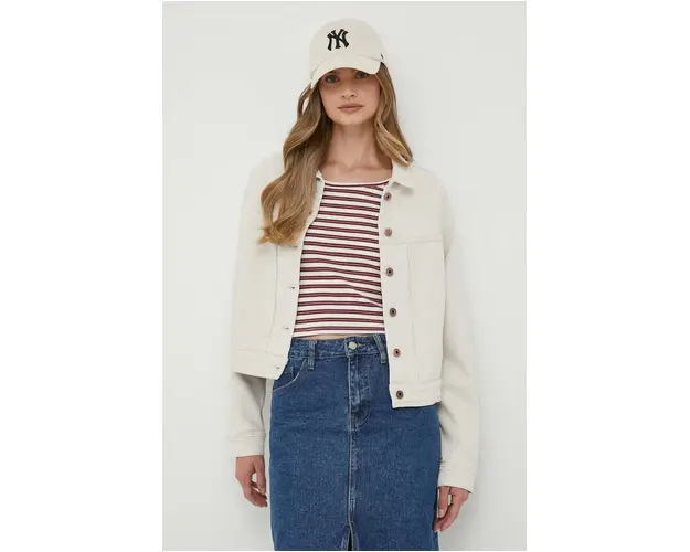 Pepe Jeans geaca jeans Foxy femei, culoarea bej, de tranzitie, oversize