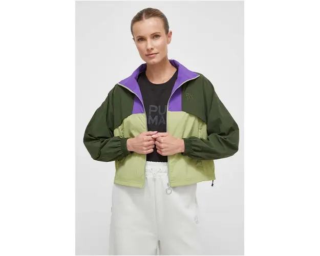 Puma geaca femei, culoarea verde, de tranzitie, oversize