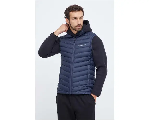 Peak Performance vesta de puf barbati, culoarea albastru marin, de tranzitie