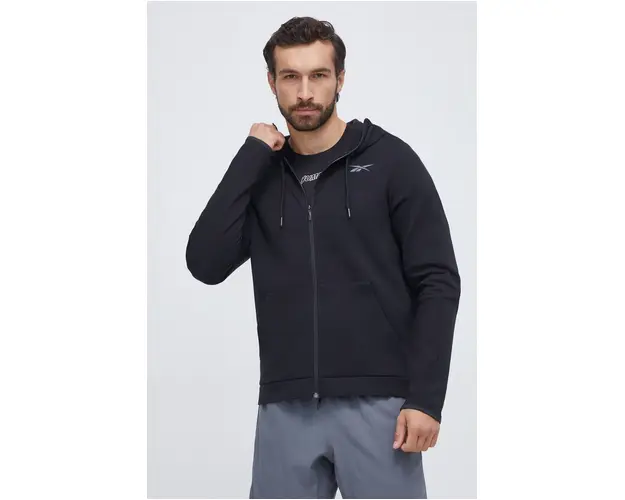 Reebok bluza barbati, culoarea negru, cu gluga, neted