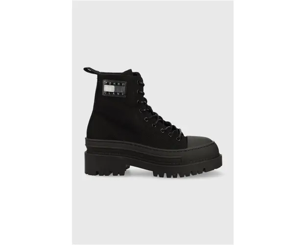 Tommy Jeans botine TJW FOXING CANVAS BOOT femei, culoarea negru, cu platforma, EN0EN02216