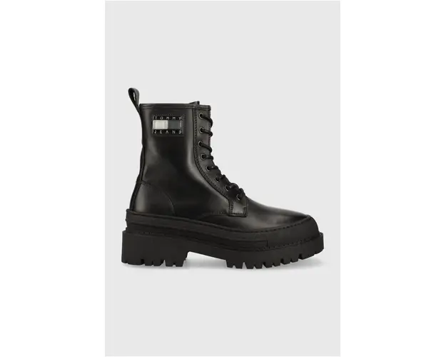 Tommy Jeans bocanci de piele TJW FOXING LACE UP femei, culoarea negru, cu toc plat, EN0EN02217