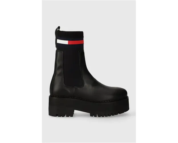 Tommy Jeans ghete chelsea de piele TJW FLATFORM CHELSEA SOCK femei, culoarea negru, cu toc plat, EN0EN02301