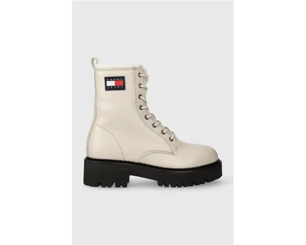 Tommy Jeans bocanci de piele TJW URBAN BOOT TUMBLED LTR WL femei, culoarea bej, cu toc plat, izolat, EN0EN02317