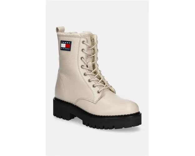 Tommy Jeans bocanci de piele TJW URBAN BOOT TUMBLED LTR WL femei, culoarea bej, cu toc plat, izolat, EN0EN02317