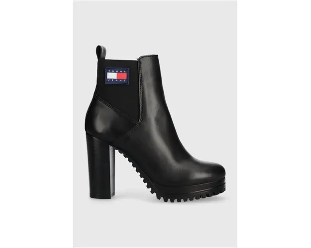 Tommy Jeans cizme de piele TJW NEW ESS HIGH HEEL BOOT femei, culoarea negru, cu toc plat, EN0EN02439