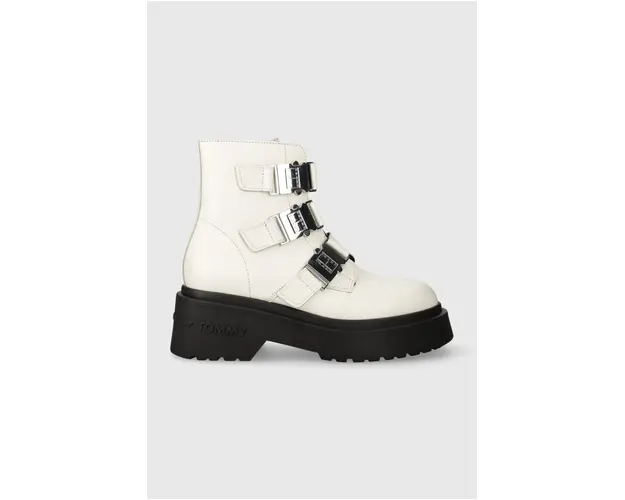 Tommy Jeans cizme de piele TJW CHUNKY BOOT HARDWARE femei, culoarea alb, cu platforma, EN0EN02443