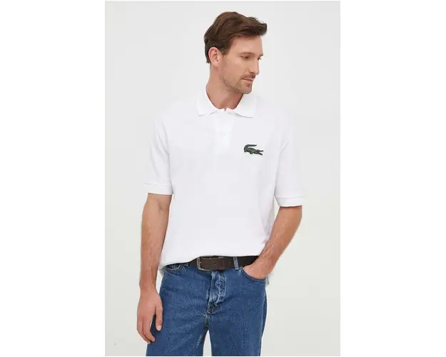 Lacoste polo de bumbac culoarea alb, cu imprimeu