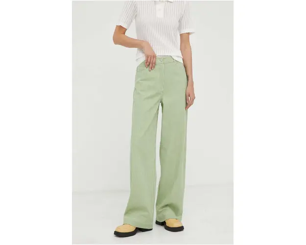 Remain pantaloni femei, culoarea verde, drept, high waist