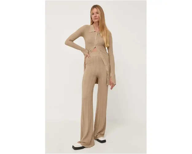 Remain pantaloni femei, culoarea bej, evazati, high waist