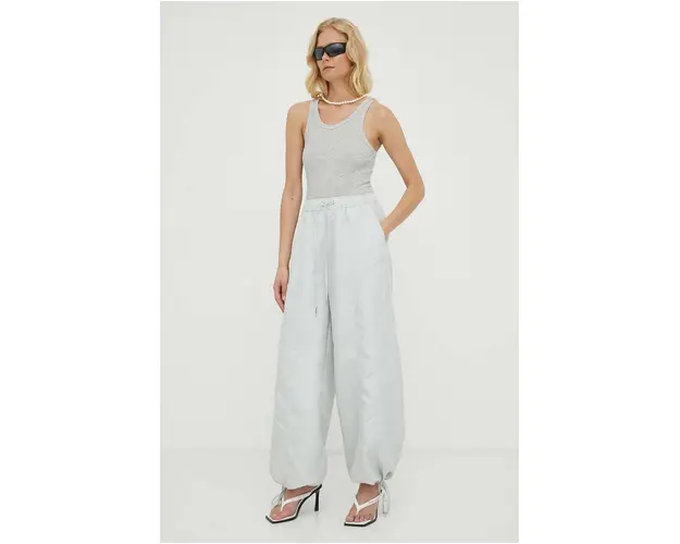 Gestuz pantaloni Bina femei, culoarea gri, lat, high waist