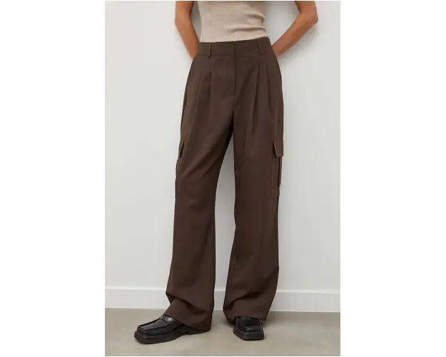 Herskind pantaloni femei, culoarea maro, lat, high waist