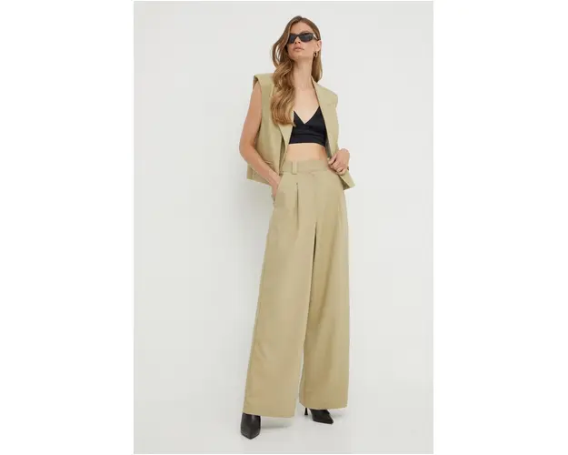 Notes du Nord pantaloni femei, culoarea verde, lat, high waist