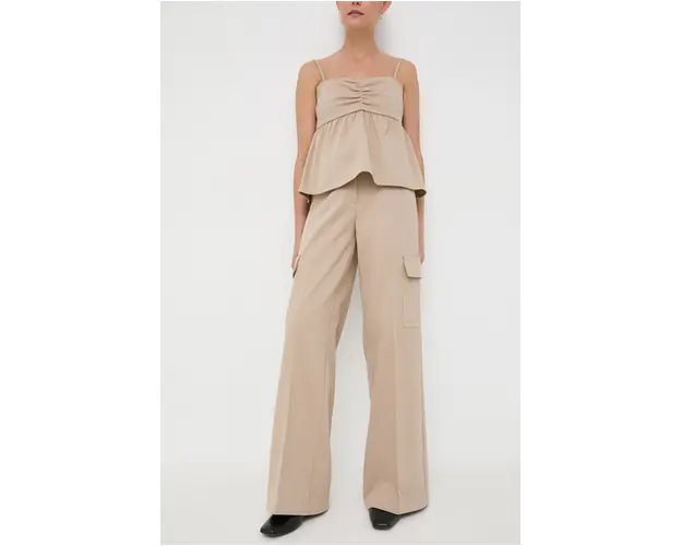 Notes du Nord pantaloni Inessa femei, culoarea bej, drept, high waist