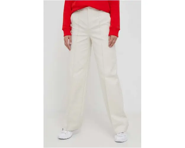Sisley pantaloni femei, culoarea bej, lat, high waist