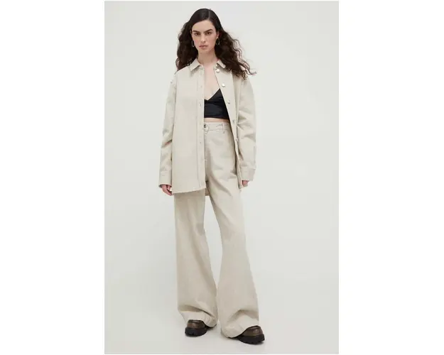 Lovechild pantaloni femei, culoarea bej, drept, high waist