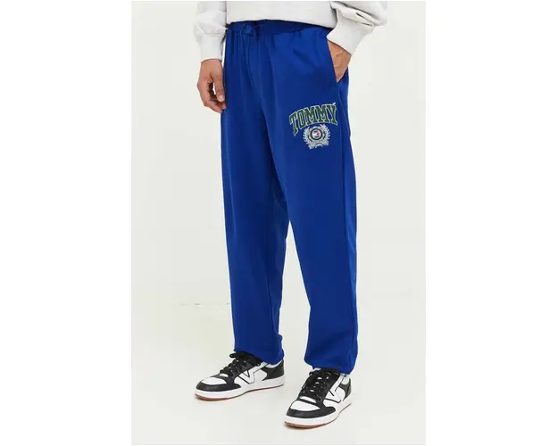 Tommy Jeans pantaloni de trening din bumbac culoarea albastru marin, cu imprimeu