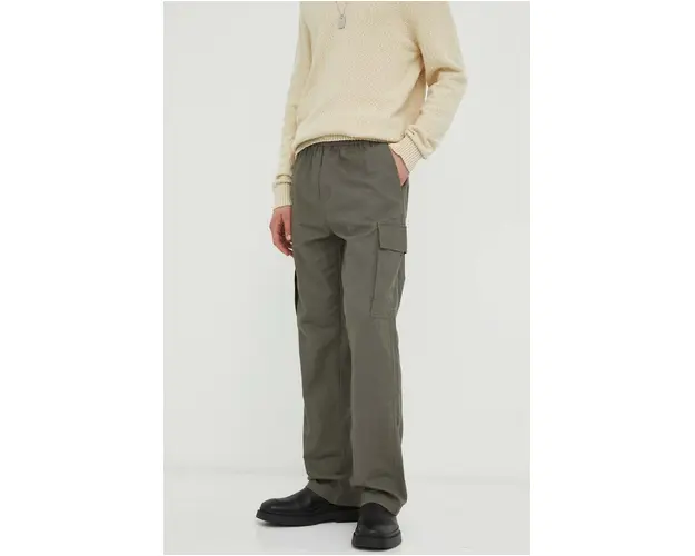 Samsoe Samsoe pantaloni din amestec de in culoarea verde, drept