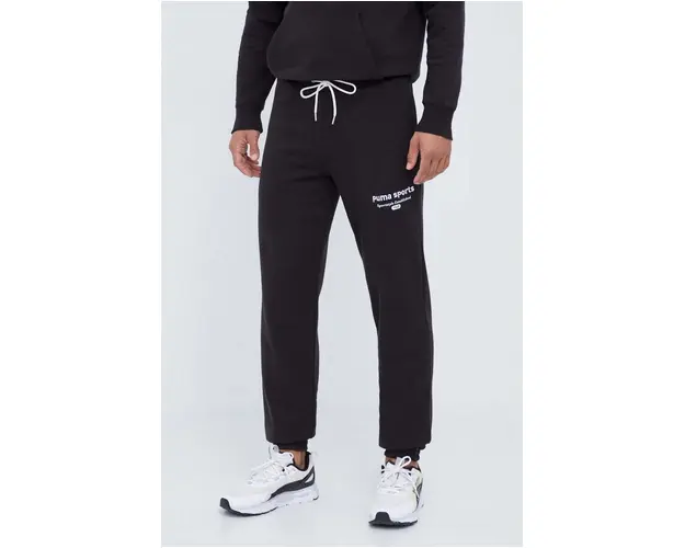 Puma pantaloni de trening din bumbac culoarea negru, cu imprimeu