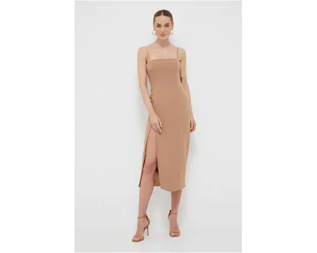 Bardot rochie culoarea bej, midi, mulata