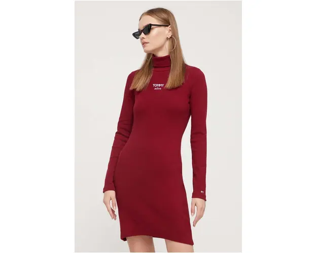 Tommy Jeans rochie culoarea bordo, mini, mulata DW0DW16481