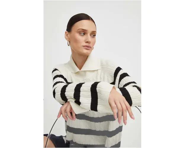 Lovechild pulover de lana femei, culoarea bej, cu guler