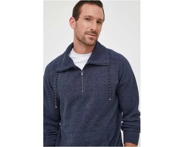 BOSS pulover din amestec de lana barbati, culoarea albastru marin, light, cu turtleneck