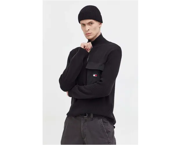 Tommy Jeans pulover de bumbac culoarea negru, cu turtleneck