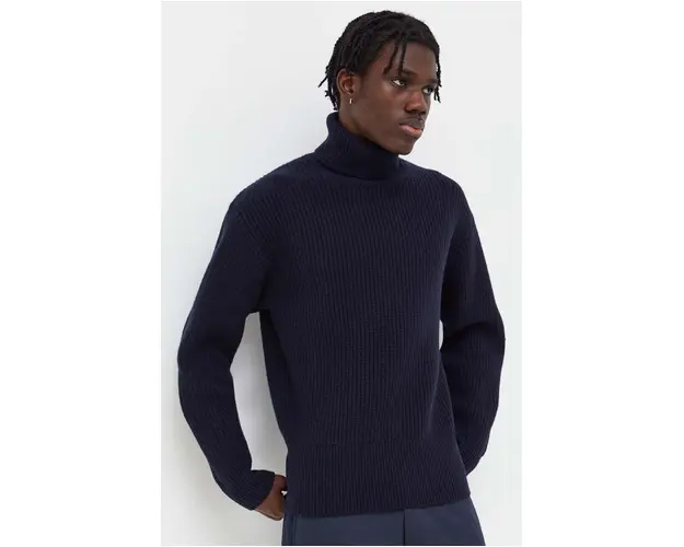 Won Hundred pulover de lana barbati, culoarea albastru marin, cu guler