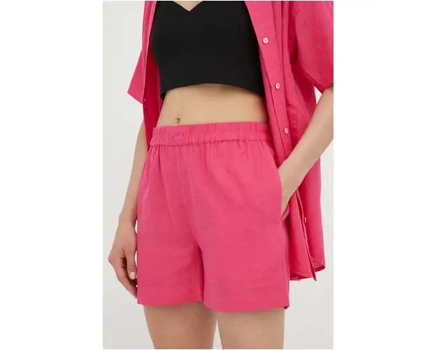 Résumé pantaloni scurti din in culoarea roz, neted, high waist