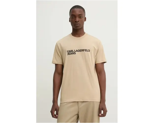 Karl Lagerfeld Jeans tricou din bumbac culoarea bej, cu imprimeu