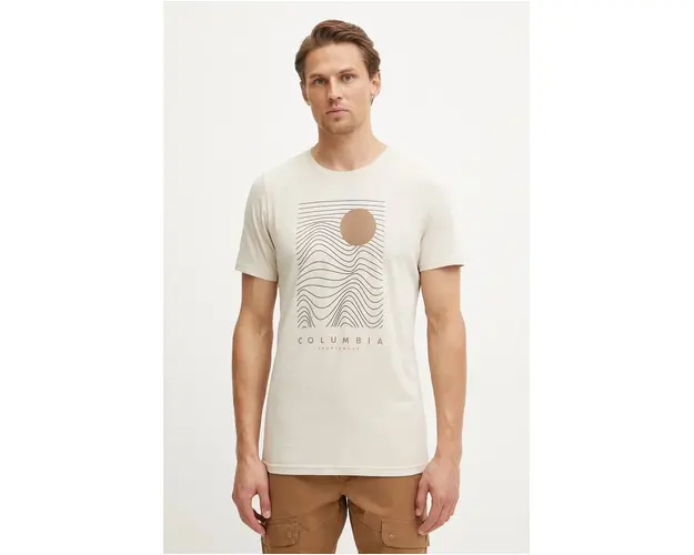 Columbia tricou din bumbac CSC Seasonal Logo barbati, culoarea bej, cu imprimeu, 1991036