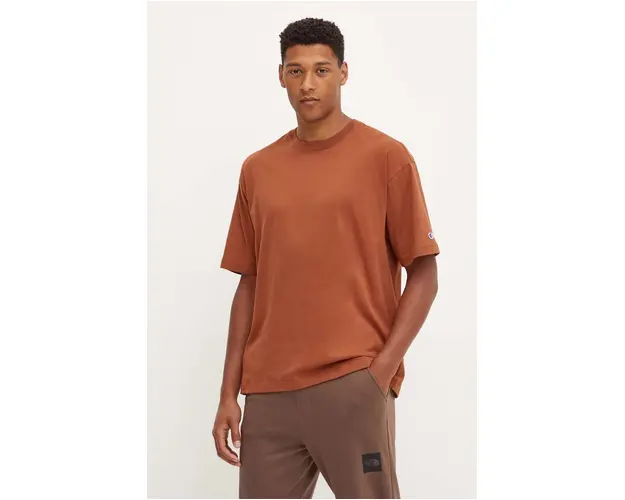 Champion tricou din bumbac barbati, culoarea maro, neted, 219632