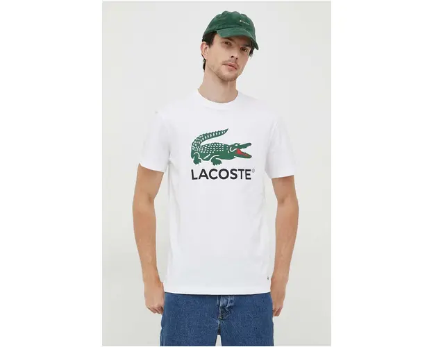 Lacoste tricou din bumbac culoarea alb, cu imprimeu