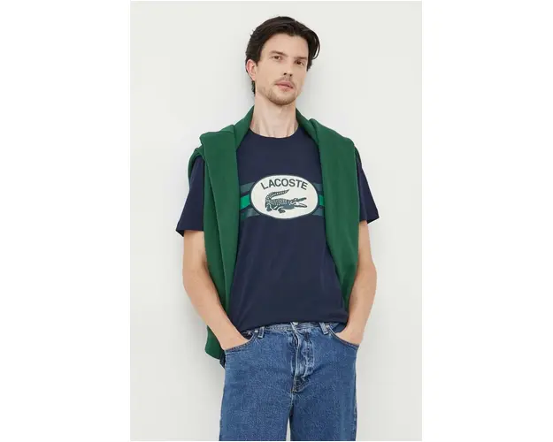 Lacoste tricou din bumbac culoarea albastru marin, cu imprimeu
