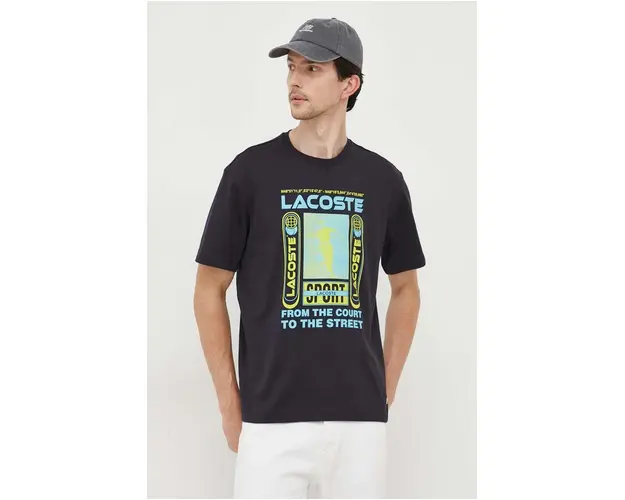 Lacoste tricou din bumbac culoarea albastru marin, cu imprimeu
