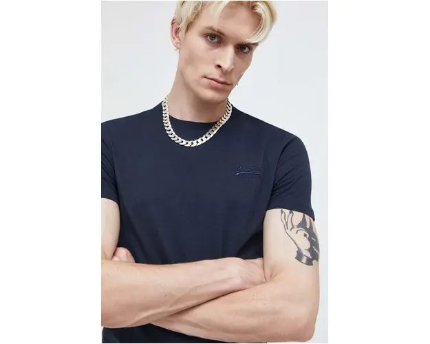 Superdry tricou din bumbac barbati, culoarea albastru marin, neted