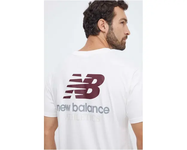 New Balance tricou din bumbac barbati, culoarea bej, cu imprimeu