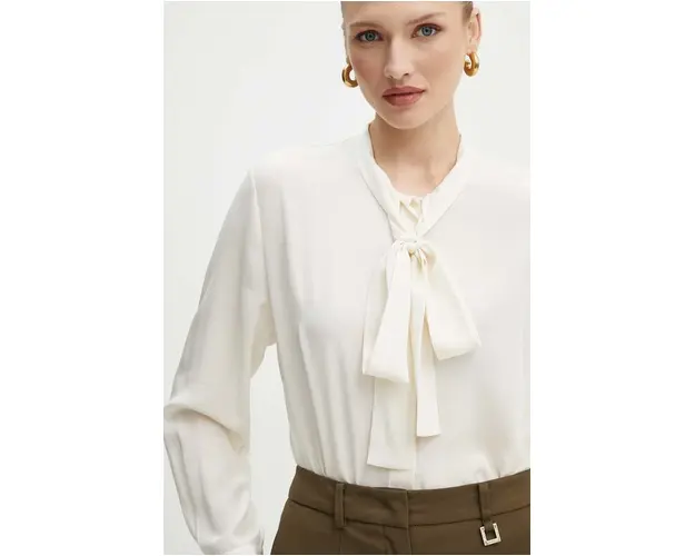 BOSS camasa de matase culoarea bej, cu un decolteu legat, regular, 50521537