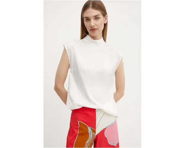 BOSS bluza de matase culoarea bej, neted, 50522587