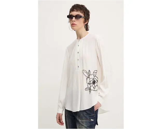 Desigual bluza NAGASAKI femei, culoarea bej, cu imprimeu, 24WWBW01