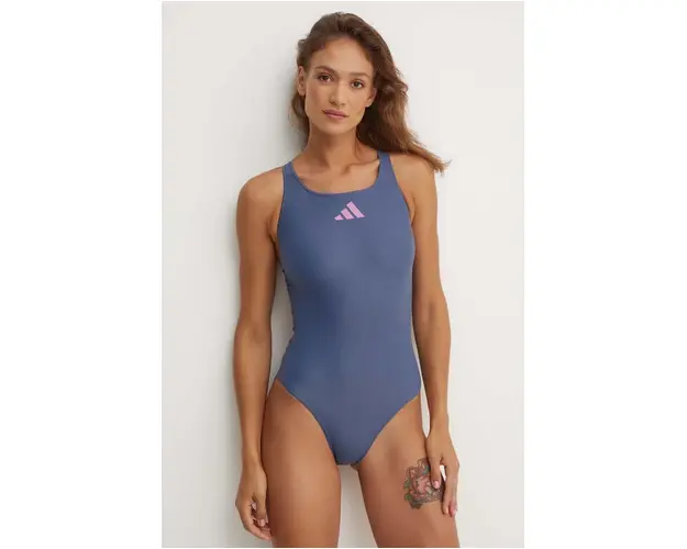 adidas Performance costum de baie dintr-o bucata 3 Bars culoarea albastru marin, cupa moale, IW6023