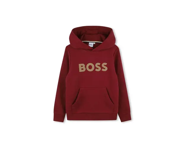 BOSS bluza copii culoarea bordo, cu gluga, cu imprimeu, J51187
