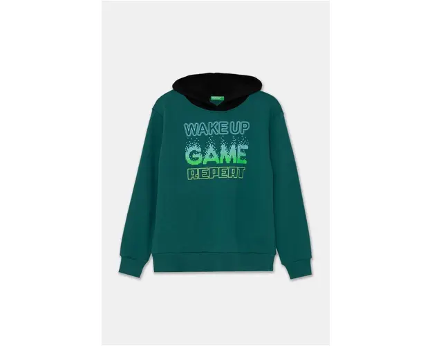 United Colors of Benetton bluza copii culoarea verde, cu gluga, cu imprimeu, 3PANC204A