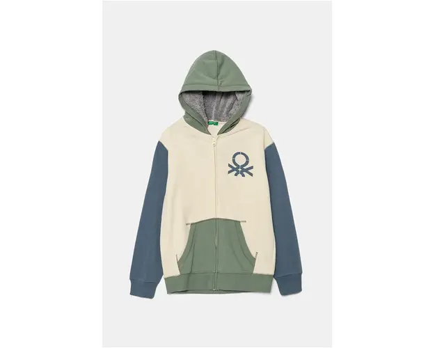 United Colors of Benetton bluza copii culoarea bej, cu gluga, cu imprimeu, 3EB5C504H