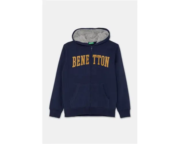United Colors of Benetton bluza copii culoarea albastru marin, cu gluga, cu imprimeu, 3EB5C504H