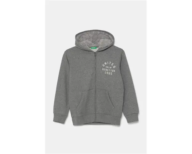 United Colors of Benetton bluza copii culoarea gri, cu gluga, cu imprimeu, 3EB5C504H