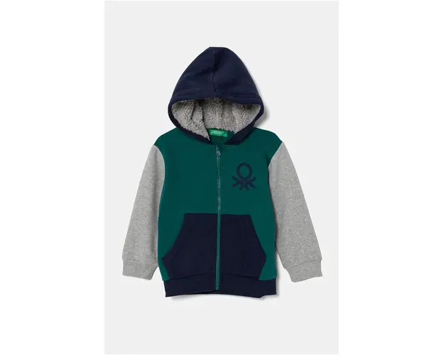 United Colors of Benetton bluza copii culoarea verde, cu gluga, modelator, 3EB5G503E