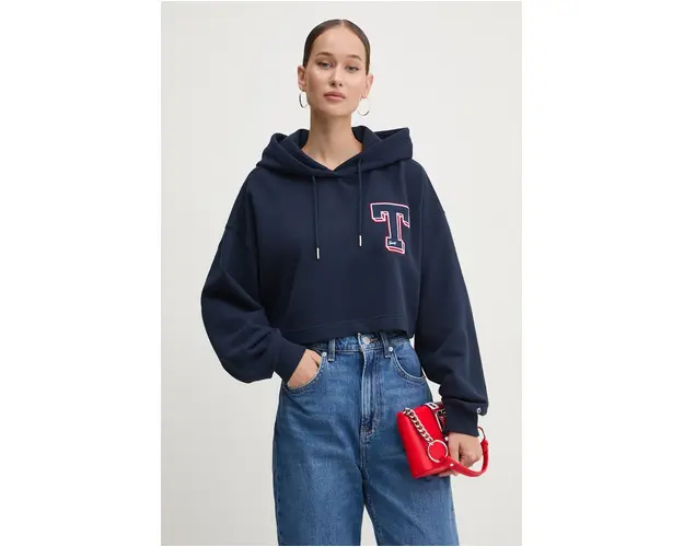 Tommy Jeans hanorac de bumbac femei, culoarea albastru marin, cu gluga, cu imprimeu, DW0DW18653